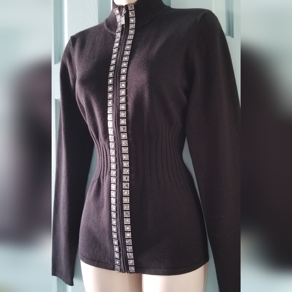 Stunning Belldini Double Rhinstone Zip Black Sweater